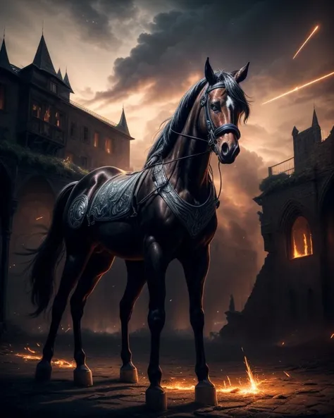 nohumans, in medieval times, a (evil cyborg black wild horse) is posing in the courtyard of a dark castle that is burning, (cyberpunk horse)
Meteors fall from the sky, sparks, embers and particles are floating in the air
<lora:add_detail:1> , <lora:deluster1:-1> (masterpiece:1.4), (photorealistic:1.5) (extremely intricate:1.4), (exquisitely detailed:1.2), (specular light), (diffused glowing:1), (Soft Shadows:1.2), ,(photography:1.3),
(close up)