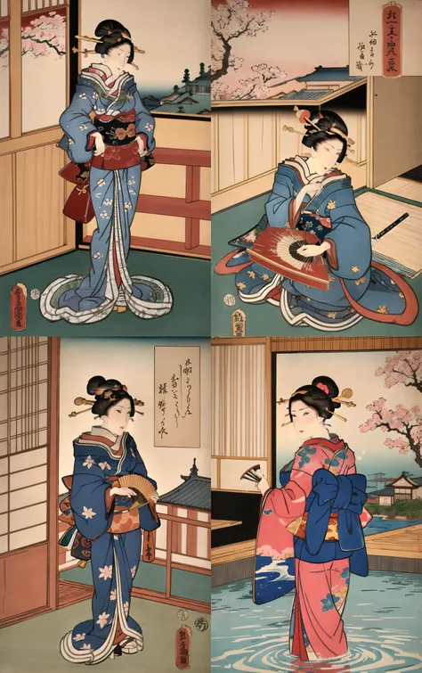 ((masterpiece, best quality)), insaneres, absurdres, solo,
ARTSTYLE_Kunisada_ownwaifu, fine art parody, japanese clothes, 1girl, blue kimono, boat, watercraft, comb, black hair, hair ornament, hair stick, kanzashi, traditional media, hand fan, east asian architecture, indoors, cherry blossoms,
{(contrapposto, hand on hip)<lora:ARTSTYLE_Kunisada_ownwaifu:1>|(from above, sitting)<lora:ARTSTYLE_Kunisada_ownwaifu:0.9>|(portrait)<lora:ARTSTYLE_Kunisada_ownwaifu:0.8>|(wading, looking back), water,<lora:ARTSTYLE_Kunisada_ownwaifu:0.75>},
looking at viewer,