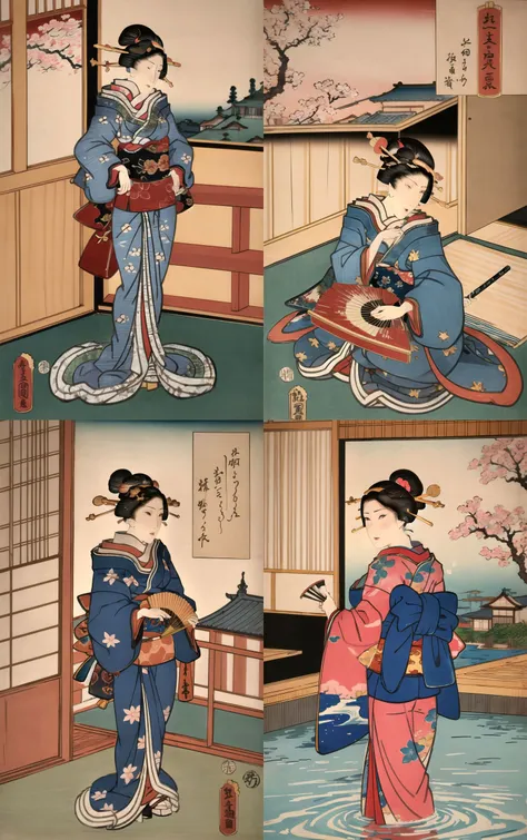 ((masterpiece, best quality)), insaneres, absurdres, solo,
ARTSTYLE_Kunisada_ownwaifu, fine art parody, japanese clothes, 1girl, blue kimono, boat, watercraft, comb, black hair, hair ornament, hair stick, kanzashi, traditional media, hand fan, east asian architecture, indoors, cherry blossoms,
{(contrapposto, hand on hip)<lora:ARTSTYLE_Kunisada_ownwaifu:1>|(from above, sitting)<lora:ARTSTYLE_Kunisada_ownwaifu:0.9>|(portrait)<lora:ARTSTYLE_Kunisada_ownwaifu:0.8>|(wading, looking back), water,<lora:ARTSTYLE_Kunisada_ownwaifu:0.75>},
looking at viewer,
