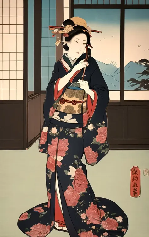 (masterpiece, best quality:1.4), insaneres, absurdres, solo, looking at viewer,BREAK 
LoConARTSTYLE_Kunisada_ownwaifu, www.ownwaifu.com,  
 fine art parody, parody, nihonga, tree, flower, painting \(medium\), indoors,  east asian architecture, 
1girl, solo,  black hair,  japanese clothes, long sleeves, hair ornament,  floral print, wide sleeves, sash, 
<lora:LoConARTSTYLE_Kunisada_ownwaifu:0.7> , depth of field 
,