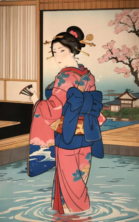 ((masterpiece, best quality)), insaneres, absurdres, solo, 
ARTSTYLE_Kunisada_ownwaifu, fine art parody, japanese clothes, 1girl, blue kimono, boat, watercraft, comb, black hair, hair ornament, hair stick, kanzashi, traditional media, hand fan, east asian architecture, indoors, cherry blossoms, 
(wading, looking back), water,<lora:ARTSTYLE_Kunisada_ownwaifu:0.75>,
looking at viewer,