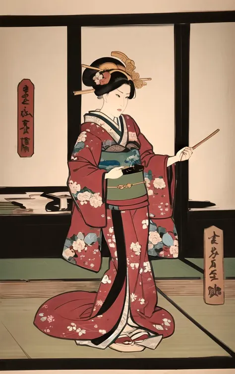 (masterpiece, best quality:1.4), insaneres, absurdres, solo, looking at viewer,BREAK 
LoConARTSTYLE_Kunisada_ownwaifu, www.ownwaifu.com,  
 fine art parody, parody, nihonga, tree, flower, painting \(medium\), indoors,  east asian architecture, 
1girl, solo,  black hair,  japanese clothes, long sleeves, hair ornament,  floral print, wide sleeves, sash, 
<lora:LoConARTSTYLE_Kunisada_ownwaifu:0.65>, depth of field 
,