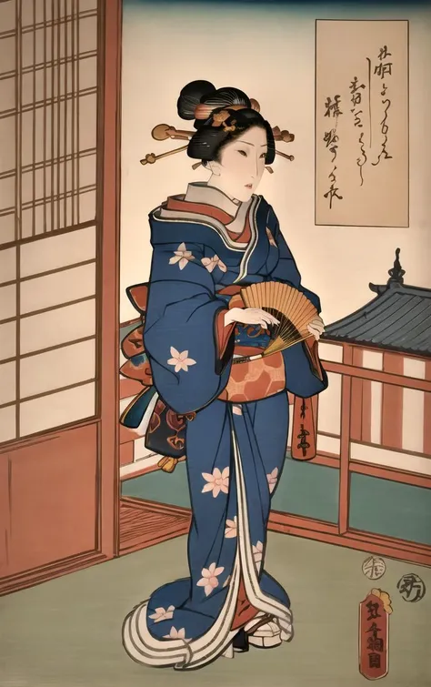 ((masterpiece, best quality)), insaneres, absurdres, solo, 
ARTSTYLE_Kunisada_ownwaifu, fine art parody, japanese clothes, 1girl, blue kimono, boat, watercraft, comb, black hair, hair ornament, hair stick, kanzashi, traditional media, hand fan, east asian architecture, indoors, cherry blossoms, 
(portrait)<lora:ARTSTYLE_Kunisada_ownwaifu:0.8>,
looking at viewer,