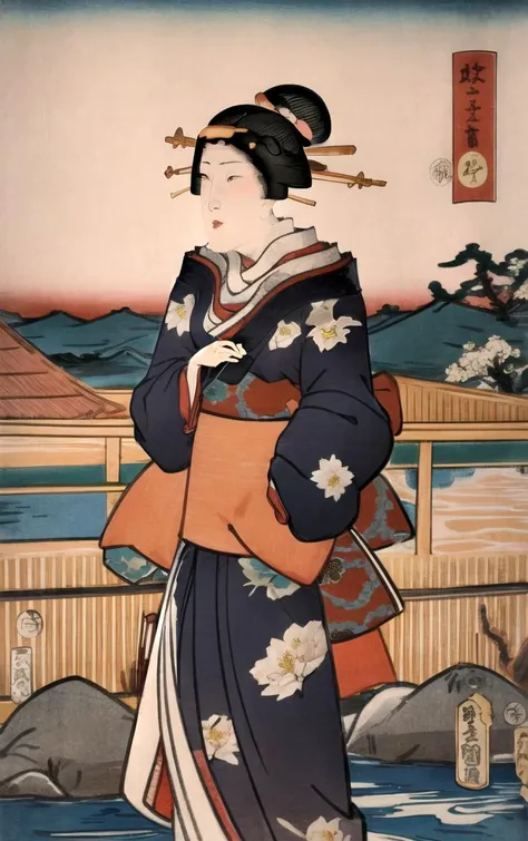 masterpiece, best quality, highres, focused, looking at viewer, solo, cowboy shot, onsen, water, 
 artstyle_kunisada_ownwaifu, 1girl, black hair, fine art parody, kimono, hair ornament, long sleeves, sash, flower, obi, updo, floral print, flower, hair bun, 
<lora:ARTSTYLE_Kunisada_ownwaifu:1>