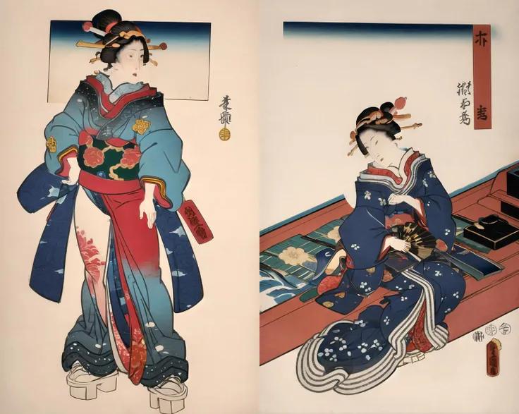 ((masterpiece, best quality)), insaneres, absurdres, solo,
ARTSTYLE_Kunisada_ownwaifu, fine art parody, japanese clothes, 1girl, blue kimono, boat, watercraft, comb, black hair, hair ornament, hair stick, kanzashi, traditional media, hand fan
{(contrapposto, hand on hip)<lora:ARTSTYLE_Kunisada_ownwaifu:1>|(from above, sitting)<lora:ARTSTYLE_Kunisada_ownwaifu:0.9>|(portrait)<lora:ARTSTYLE_Kunisada_ownwaifu:0.8>|(wading, looking back), water,<lora:ARTSTYLE_Kunisada_ownwaifu:0.75>},
looking at viewer,
