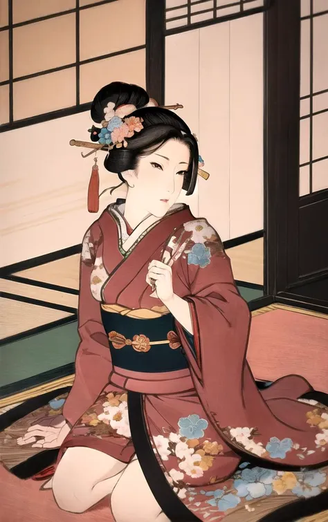 masterpiece, best quality, highres, focused, looking at viewer, solo, cowboy shot, east asian architecture, 
 artstyle_kunisada_ownwaifu, 1girl, black hair, fine art parody, kimono, hair ornament, long sleeves, sash, flower, sitting, obi, updo, floral print, flower, hair bun, 
<lora:ARTSTYLE_Kunisada_ownwaifu:0.7>