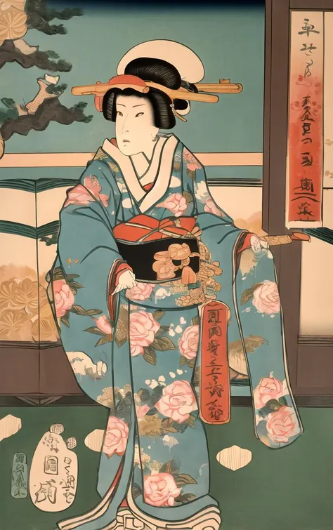 (masterpiece, best quality:1.4), insaneres, absurdres, solo, looking at viewer,BREAK 
LoConARTSTYLE_Kunisada_ownwaifu, www.ownwaifu.com,  
 fine art parody, parody, nihonga, tree, flower, painting \(medium\), indoors,  east asian architecture, 
1girl, solo,  black hair,  japanese clothes, long sleeves, hair ornament,  floral print, wide sleeves, sash, 
<lora:LoConARTSTYLE_Kunisada_ownwaifu:0.95> , depth of field 
,