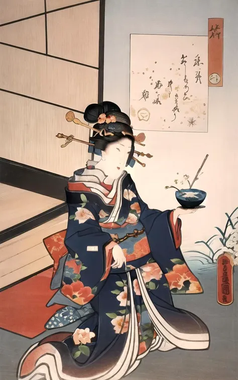 masterpiece, best quality, highres, focused, looking at viewer, solo, cowboy shot, east asian architecture, 
 artstyle_kunisada_ownwaifu, 1girl, black hair, fine art parody, kimono, hair ornament, long sleeves, sash, flower, sitting, obi, updo, floral print, flower, hair bun, 
<lora:ARTSTYLE_Kunisada_ownwaifu:1>