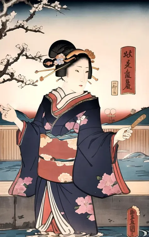 masterpiece, best quality, highres, focused, looking at viewer, solo, cowboy shot, onsen, water, 
 artstyle_kunisada_ownwaifu, 1girl, black hair, fine art parody, kimono, hair ornament, long sleeves, sash, flower, obi, updo, floral print, flower, hair bun, 
<lora:ARTSTYLE_Kunisada_ownwaifu:0.9>