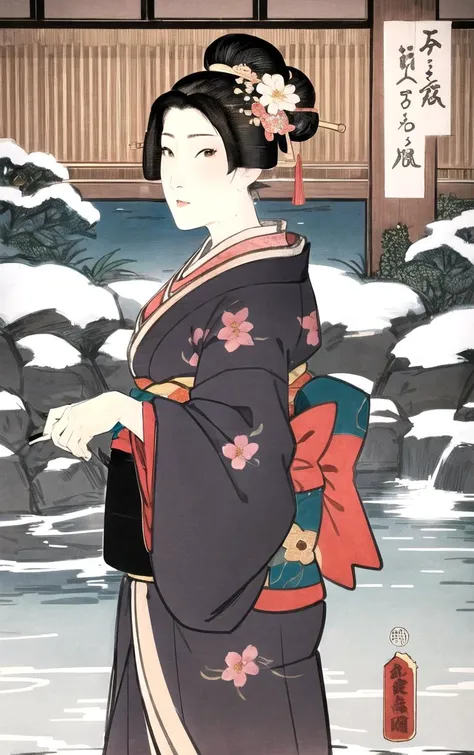 masterpiece, best quality, highres, focused, looking at viewer, solo, cowboy shot, onsen, water, 
 artstyle_kunisada_ownwaifu, 1girl, black hair, fine art parody, kimono, hair ornament, long sleeves, sash, flower, obi, updo, floral print, flower, hair bun, 
<lora:ARTSTYLE_Kunisada_ownwaifu:0.7>