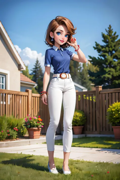 mrsturner, brown hair, blue eyes, earrings, red lipstick, blue shirt, bracelet, white pants, belt, white flats, looking at viewer, smiling, standing, full body shot, outside, backyard, house, fence, sunny, high quality, masterpiece, <lora:mrsturner-guy-v2:.8>