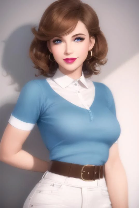 <lora:mrs_turner:0.8>, mrs turner, masterpiece, best quality, 1girl, solo, brown hair, jewelry, blue eyes, smile, earrings, short hair, breasts, grin, belt, bracelet, short sleeves, lips, medium breasts, lipstick, makeup, shirt, blue shirt, white pants, realistic, perfect lighting, 4k, extreme detail, perfect shadows,