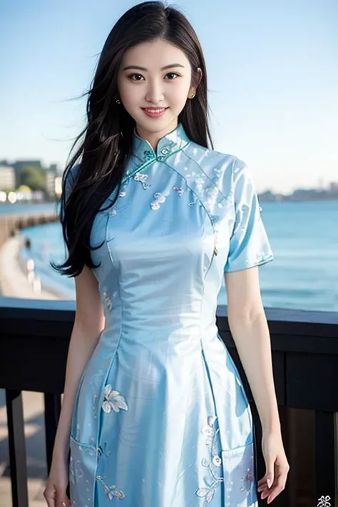 misakicos,day,realistic, 8K, (photorealistic:1.4), best quality, ultra-detaile, 1girl, smile, huge breasts, beach,seaside,photon mapping, radiosity, physically-based rendering, (looking_at_viewer), realistic, solo, ((cheongsam:1.4)), <lora:JingTianSally_v10:0.5>, <lora:sallyJingTian_sally:0.5>