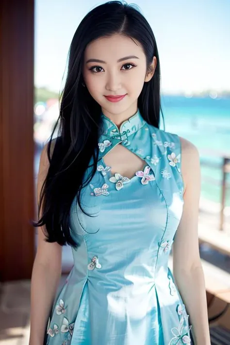 misakicos,day,realistic, 8K, (photorealistic:1.4), best quality, ultra-detaile, 1girl, smile, huge breasts, beach,seaside,photon mapping, radiosity, physically-based rendering, (looking_at_viewer), realistic, solo, ((cheongsam:1.4)), <lora:JingTianSally_v10:0.5>, <lora:sallyJingTian_sally:0.5>