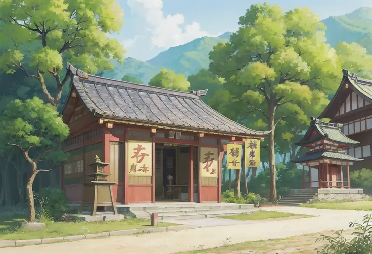 panorama,landscape,(((high quality))),highly_detailed,extremely_detailed_CG_unity_8k_wallpaper,illustration,highres,absurdres,High saturation, architecture, bridge, cloud, day, fox_ears, fox_mask, hair_bun, hair_rings, hat, holding, japanese_clothes, kimono, lantern, mask, mountain, multiple_girls, outdoors, pagoda, paper_lantern, scenery, shrine, sitting, sky, torii, tree <lora:Ghibli_v4:1>
