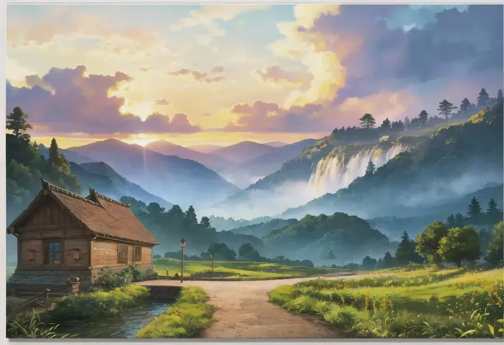 panorama,landscape,(((high quality))),highly_detailed,extremely_detailed_CG_unity_8k_wallpaper,illustration,highres,absurdres,High saturation,architecture, bridge, building, city, cloud, day, fantasy, lantern, letterboxed, mountain, outdoors, pagoda, river, scenery, sky, tower, tree, water, waterfallr <lora:Ghibli_v4:1>