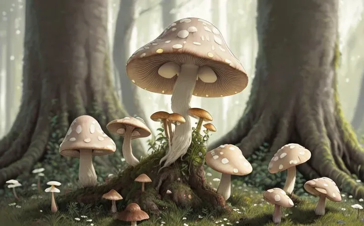 solo, (best quality), mushroom botanical illustration from ancient encyclopedia, 4K, no humans, upper body, white_flower, <lora:ghibliStyleConcept_v40:0.6>, absurd, wizards, trees, lifelike, golden hair, cowboy western, depth_of_field,