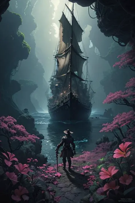 <lora:torino_aqua_offset:0.25>, peaceful, trending on ArtStation, (highly detailed face, magical, tropical jungle theme:1.1), pink eyes, dramatic, real shadow, anatomical photorealistic digital painting overall view of  the great abyss in the hell, dark wasteland, best quality, beautiful clean face, (best shadow), bioluminescent pink fruit on trees, bokeh, (centered image composition, high-resolution:1.2), atmospheric depth, mire, adobe lightroom, ue5, illustration, <lora:ghibliStyleConcept_v40:0.6>, (dark), Clean lines, photograph, levers, exhaust, gauges, weathered pirate sailor outfit, (futurism:1.2, pov from above:1.3), baroque oil painting by Greg Rutkowski, intricate detail, (masterpiece:1.2)