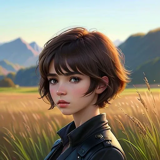 solo, <lora:ghibliStyleConcept_v40:1>, girl, medium shot, (masterpiece:1.2, masterpiece), ominous., short hair, (8k:1.1, best quality), cartoon, rich colors, wild grass, soft lighting