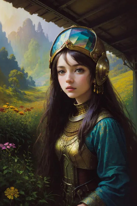 art by midjourney, Fibonacci, delacroix style, helmet, fantasy, (vivid:0.4), by Jeremy Mann, otherworldly wonders, very dark lighting, looking at viewer, (film grain), texture, Atey Ghailan, long straight brown hair, masterpiece, high contrast, (Anubis:0.7), photo, grass, (analog style:1.3), <lora:ghibliStyleConcept_v40:1>, wood grain, 85mm, landscape, (4k), tone, (hdr:1.22), roughness, cables, tourists, highest detailed, no one, skeleton made of steel, highly detailed, View in a (spring) wildflower meadow with groups of flowers in it, she is very beautiful, lake, Ultra HD, fractal nebula threads, art, dreamy, 8k uhd, (1woman), bed with cloth and details, light leaks, gradient theme, architecture, (realistic: 0.8, geometric abstract background:1.4)