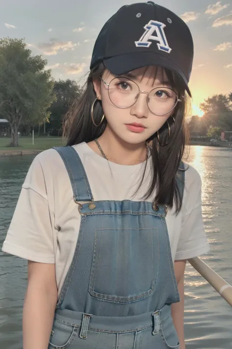 <lora:doll4:0.6>1girl, glasses, upper_body, Striped tee, Denim overalls, White sneakers, Baseball cap, and hoop earrings. ,Sunset over a tranquil lake