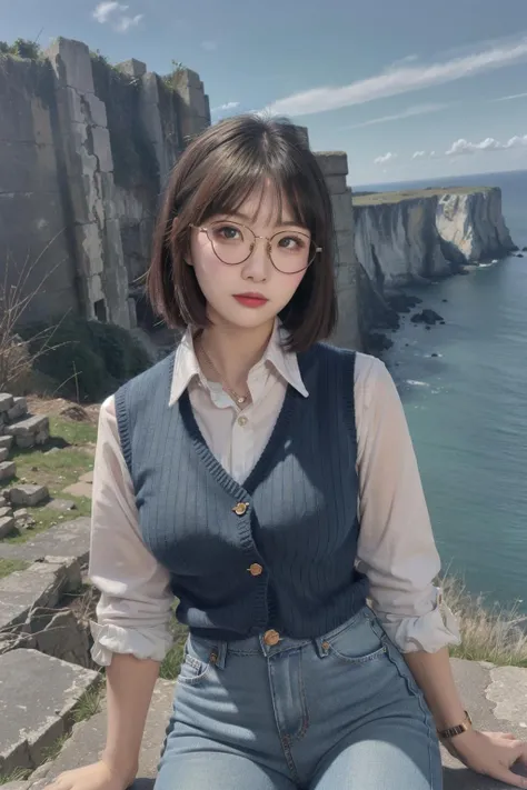 <lora:doll4:0.6>1girl, glasses, upper_body, Knit vest, Collared blouse, High waisted jeans, Mary Jane shoes, and heart-shaped pendant. ,Ancient stone ruins on a rugged cliffside