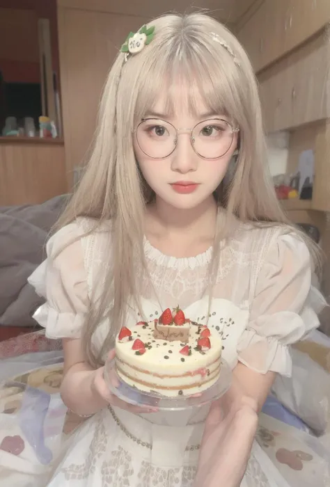 best quality, master piece
<lora:doll4:0.8>1 girl,glasses
cake, dress, food, hair_ornament, lips, long_hair, looking_at_viewer, photo_\(medium\), realistic, solo, strawberry, white_dress