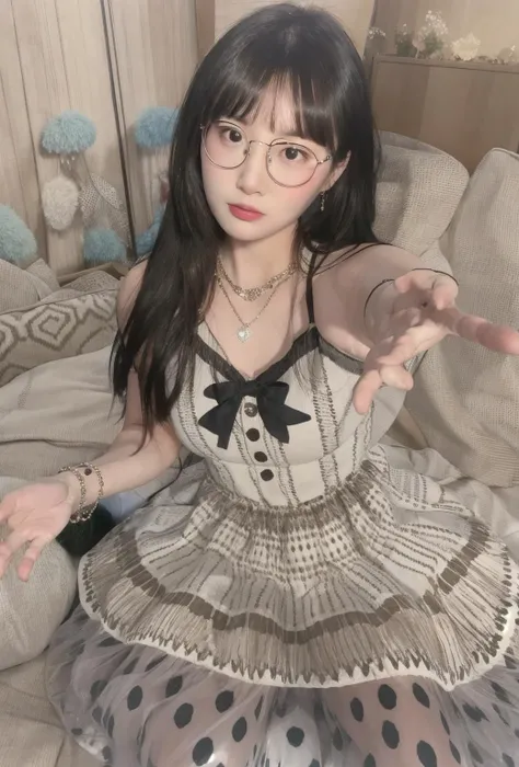 best quality, master piece
<lora:doll4:0.8>1 girl,glasses
 barefoot, black_hair, bracelet, brown_eyes, bunny, dress, foreshortening, hands, jewelry, long_hair, necklace, open_hand, outstretched_arm, outstretched_hand, palms, polka_dot, polka_dot_dress, reaching, reaching_out, sitting, solo, stuffed_animal, stuffed_bunny, stuffed_toy