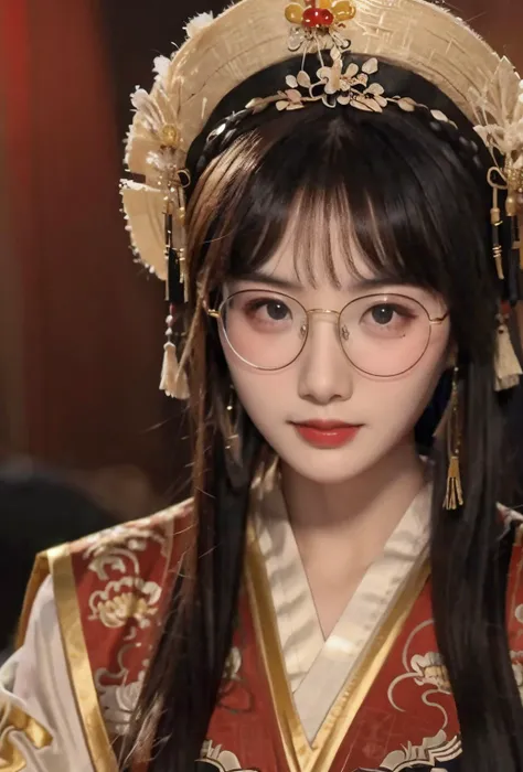 best quality, master piece
<lora:doll4:0.7> face, glasses, upper_body, cowboy_shot,
<lora:xiapei:0.4>red and gold dress, hanfu, Chinese clothes,