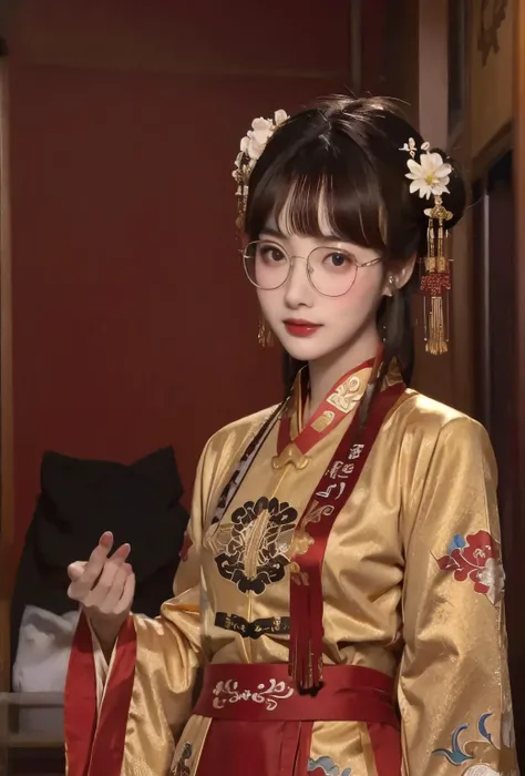 best quality, master piece
<lora:doll4:0.7> face, glasses, upper_body, cowboy_shot,
<lora:xiapei:0.4>red and gold dress, hanfu, Chinese clothes,