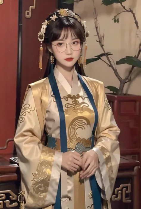 best quality, master piece
<lora:doll4:0.7> face, glasses, upper_body, cowboy_shot,
<lora:xiapei:0.4>red and gold dress, hanfu, Chinese clothes,