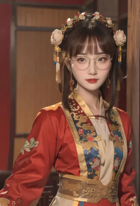 best quality, master piece
<lora:doll4:0.7> face, glasses, upper_body, cowboy_shot,
<lora:xiapei:0.4>red and gold dress, hanfu, Chinese clothes,