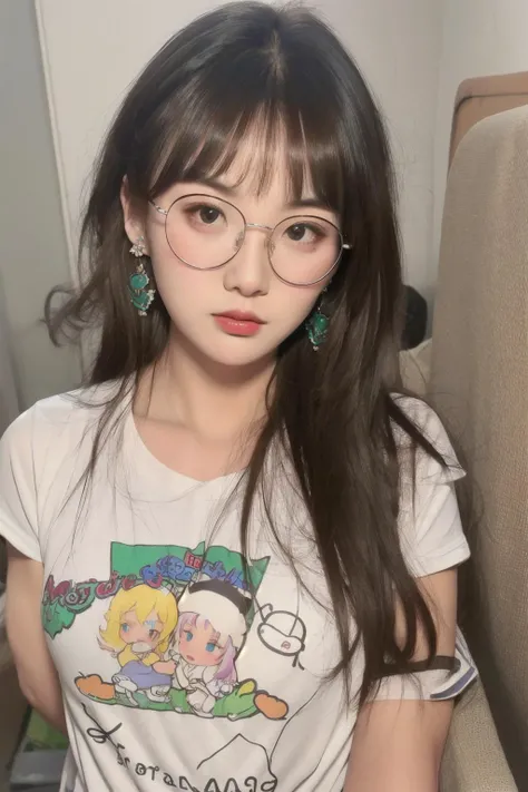 best quality, master piece
<lora:doll4:0.7>1girl, glasses
1girl, breasts, brown_eyes, clothes_writing, earrings, jewelry, lips, long_hair, looking_at_viewer, photo_\(medium\), print_shirt, shirt, solo, t-shirt, upper_body, white_shirt