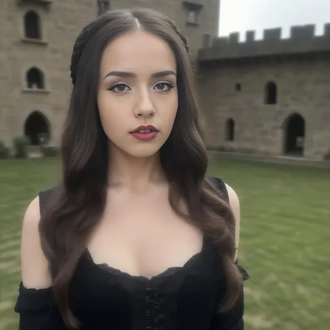 photo of (ohwx woman) as Wednesday Adamas, wearing gothic clothes, braided pigtails, in a castle, sharp focus, looking at the camera, makeup, cinematic look, <lora:Pokimane:1>
