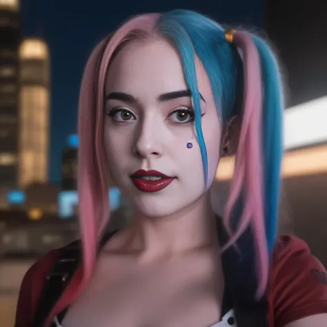 photo of ohwx woman as harley quinn, in the movie Suicide Squad, dyed hair, highly detailed, cinematic look, city at night, cinematic, <lora:Pokimane:1>
