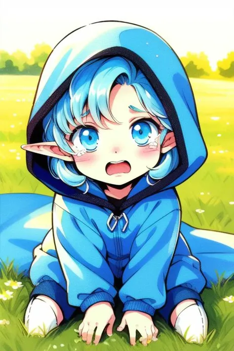 <lora:Rumi_FQ_Ver2:0.8> Rumi,  blue_eyes, blue_hair, curly_hair, long_hair, elf, 
solo, 1girl, blush, hood, grass, hair ornament, x hair ornament, blue eyes, ?, short hair, open mouth, looking at viewer, tears, traditional media
masterpiece, high quality, very_high_resolution, large_filesize, full color, chibi, child, 1990s \(style\), earth,