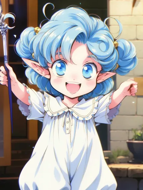 <lora:Rumi_FQ_Ver2:0.9>Rumi, blue eyes, pointy ears, curly hair, blue hair, bloomers, 1girl, weapon, dress, open mouth, armor, sword, smile,
masterpiece, best quality,4k,8k, 1990s \(style\),