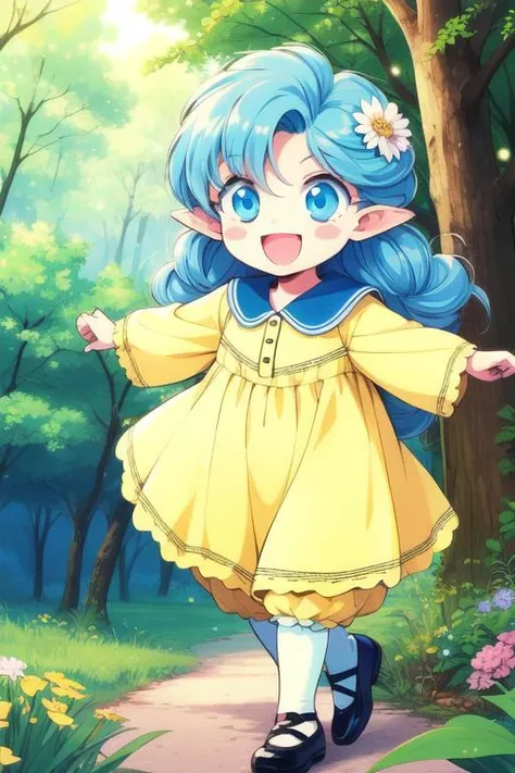 <lora:Rumi_FQ_Ver2:0.8> Rumi, 1girl, blue eyes, solo, blue hair, shoes, flower, smile, dress, open mouth, forest, long hair, yellow dress, bloomers, blush stickers, :d, hair flower
masterpiece, best quality,4k,8k, 1990s \(style\),