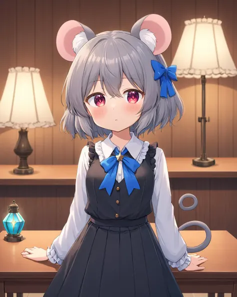 nazrin,1girl, solo, indoors, mouse_tail, window, long_sleeves, black_skirt, lamp, looking_to_the_side, cowboy_shot, blue_ribbon, blush, head_tilt, white_shirt, standing, blurry, neck_ribbon, alternate_costume, :o, parted_lips, chair, wooden_table, frilled_skirt, ribbon_trim
<lora:nazrin_image9511_2023-12-20-000006:1>,star-shaped_pupils,symbol-shaped_pupils,. gorgeous,key visual, vibrant, studio anime,award-winning, professional, highly detailed,high budget, cinemascope