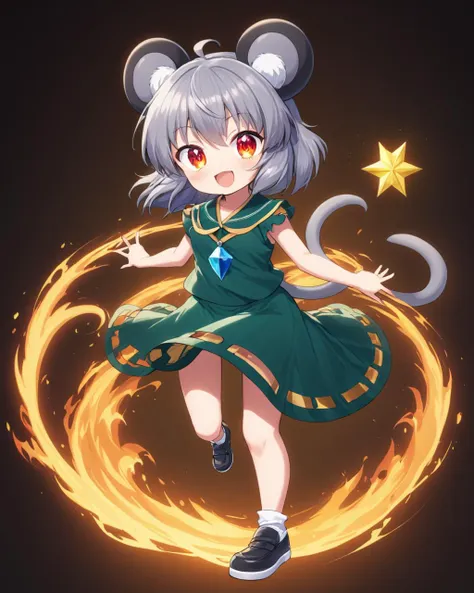 nazrin,1girl, open_mouth, solo, mouse_girl, looking_at_viewer, full_body, fire, :3, mouse_tail, shoes, fang, holding, smile
<lora:nazrin_image9511_2023-12-20-000006:1>,star-shaped_pupils,symbol-shaped_pupils,. gorgeous,key visual, vibrant, studio anime,award-winning, professional, highly detailed,high budget, cinemascope