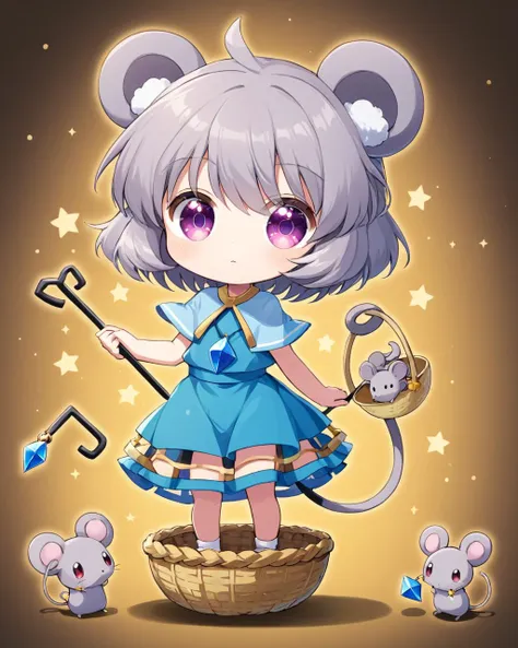 nazrin,1girl, solo, mouse_tail, mouse, pokemon_\(creature\), basket, dowsing_rod, chibi, pendant, food
<lora:nazrin_image9511_2023-12-20-000006:1>,star-shaped_pupils,symbol-shaped_pupils,. gorgeous,key visual, vibrant, studio anime,award-winning, professional, highly detailed,high budget, cinemascope