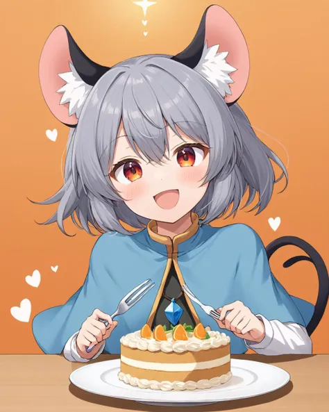 nazrin,1girl, solo, open_mouth, mouse_tail, mouse_girl, heart, looking_at_viewer, long_sleeves, cake, blush, holding_fork, blue_capelet, plate, white_shirt, upper_body, animal_ear_fluff, table, smile, pendant, orange_background, incoming_food
<lora:nazrin_image9511_2023-12-20-000006:1>,star-shaped_pupils,symbol-shaped_pupils,. gorgeous,key visual, vibrant, studio anime,award-winning, professional, highly detailed,high budget, cinemascope