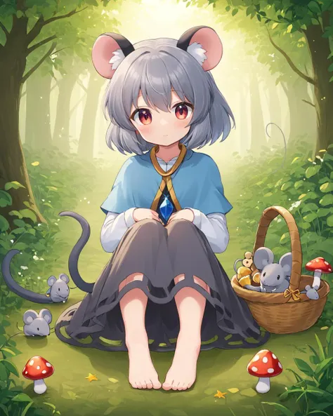 nazrin,1girl, mouse_tail, basket, barefoot, long_sleeves, mouse, solo, white_shirt, mouse_girl, mushroom, grey_dress, full_body, looking_at_viewer, sitting, pendant, closed_mouth, grey_vest, crystal, dated, holding, crossed_arms, leaf, blush, blue_capelet, grey_skirt
<lora:nazrin_image9511_2023-12-20-000006:1>,star-shaped_pupils,symbol-shaped_pupils,. gorgeous,key visual, vibrant, studio anime,award-winning, professional, highly detailed,high budget, cinemascope