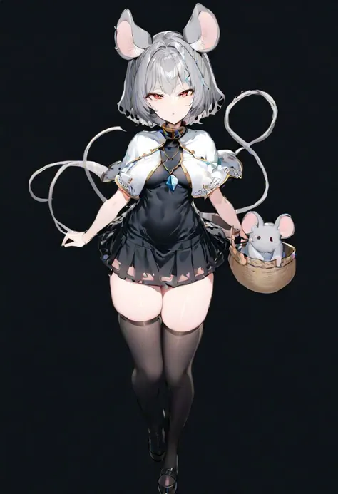 masterpiece, best quality, ultra-detailed, beautiful, nai3, 1girl, solo, full_body, tachi-e, 
nazrin, animal_ears, grey_hair, short_hair, red_eyes, pendant, capelet, black_dress, mouse_girl, dress, white_capelet, thighhighs, dowsing_rod, tail, mouse_tail, grey_skirt, skirt_set, basket, mouse,