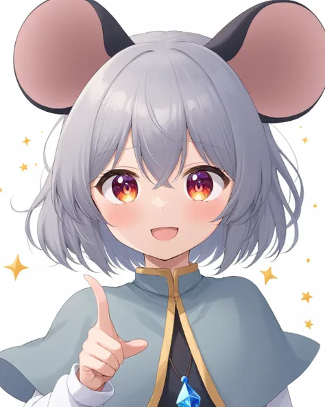 nazrin,1girl, solo, open_mouth, white_background, looking_at_viewer, simple_background, upper_body, white_shirt, capelet, mouse_girl, long_sleeves, grey_vest, crystal, smile, pendant, blush, pointing
<lora:nazrin_image9511_2023-12-20-000006:1>,star-shaped_pupils,symbol-shaped_pupils,. gorgeous,key visual, vibrant, studio anime,award-winning, professional, highly detailed,high budget, cinemascope