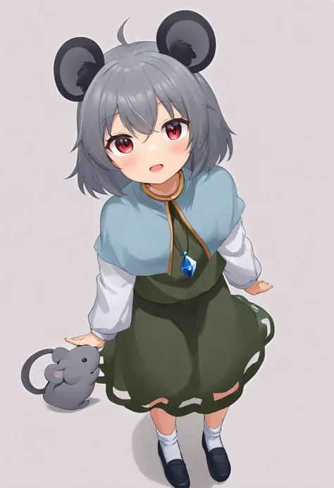 nazrin,1girl, solo, white_shirt, mouse_tail, open_mouth, long_sleeves, grey_vest, mouse_girl, grey_skirt, white_background, simple_background, white_socks, layered_clothes, smile, skirt_set, pendant, black_footwear, crystal, blush, shoes, standing, upper body, white_capelet
<lora:nazrin_image9511_2023-12-20-000006:1>,star-shaped_pupils,symbol-shaped_pupils,. gorgeous,key visual, vibrant, studio anime,award-winning, professional, highly detailed,high budget, cinemascope, from above, thin female, round face