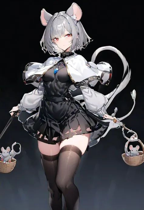 masterpiece, best quality, ultra-detailed, beautiful, nai3, 1girl, solo, full_body, tachi-e, 
nazrin, animal_ears, grey_hair, short_hair, red_eyes, pendant, capelet, black_dress, mouse_girl, dress, white_capelet, thighhighs, dowsing_rod, tail, mouse_tail, grey_skirt, skirt_set, basket, mouse,