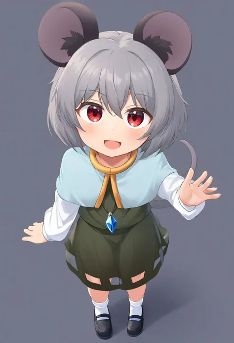 nazrin,1girl, solo, white_shirt, mouse_tail, open_mouth, long_sleeves, grey_vest, mouse_girl, grey_skirt, white_background, simple_background, white_socks, layered_clothes, smile, skirt_set, pendant, black_footwear, crystal, blush, shoes, standing, upper body, white_capelet
<lora:nazrin_image9511_2023-12-20-000006:1>,star-shaped_pupils,symbol-shaped_pupils,. gorgeous,key visual, vibrant, studio anime,award-winning, professional, highly detailed,high budget, cinemascope, from above, thin female, round face