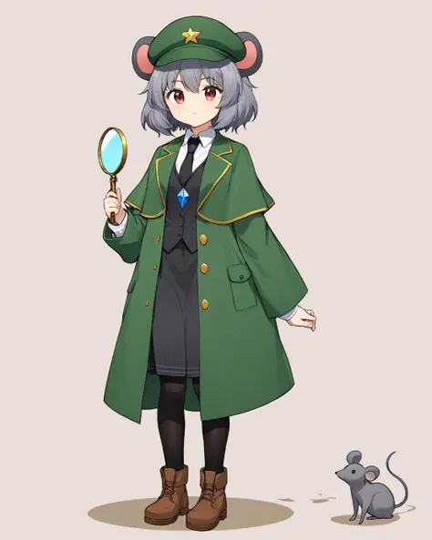 nazrin,1girl, magnifying_glass, detective, mouse_tail, mouse, long_sleeves, green_headwear, pendant, brown_footwear, black_necktie, :<, white_shirt, holding, animal_on_head, green_coat, solo, deerstalker, full_body, animal, collared_shirt, green_capelet, black_pantyhose, skirt, closed_mouth, standing, lace-up_boots, cabbie_hat, alternate_costume
<lora:nazrin_image9511_2023-12-20-000006:1>,star-shaped_pupils,symbol-shaped_pupils,. gorgeous,key visual, vibrant, studio anime,award-winning, professional, highly detailed,high budget, cinemascope