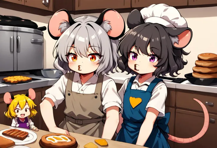 <lora:NYN_V10:0.85>,NYN
score_9, score_8_up, score_7_up absurd res, masterpiece, flat color, high quality, source_anime, source_pixiv, 
Chestnut-shaped mouth, nazrin, nyn meme, 
2girls, Perfect Face, perfect hands,  cheese, holding cheese.  Flour, Eggs, Milk, baking. Chef, chef clothing, chef hat, cooking, baking, knife, toaster, beater, oven, stove, grill. mouth3
closed mouth, puckered lips
Face close up, character portrait, avatar, hair covering eyes,  dark grey hair, fluffy-curly hair, very tall, size difference, height difference,  adult, skinny, fat thigh, standing,  aggressive posture, smug face, sassy posture, Tanuki Tail,  large Mouse ears, Rat Ears, Touhou, Nazrin.  Cute, , rubbing.  indoors, Bakery, kitchen, chef's table.  worm's-Eye-view,  viewed from below.